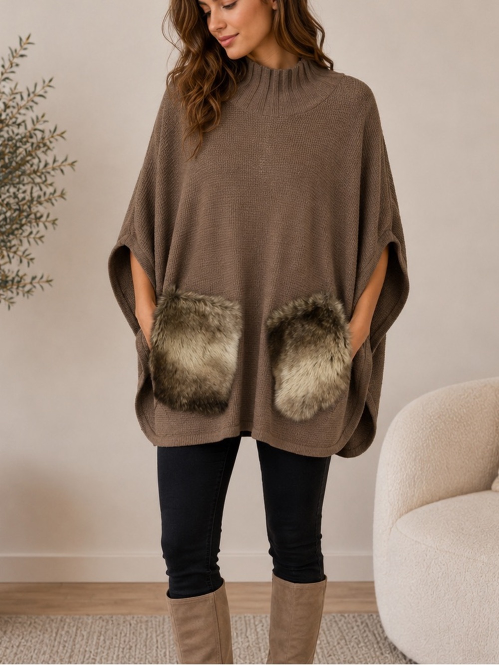 Italian Lambwool Fur Pocket Knit Poncho Sweater Taupe